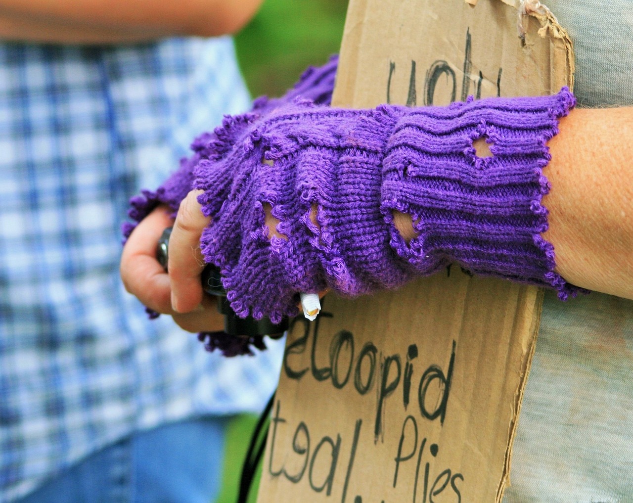 A homeless person's hand is shown holding a cardboard sign and wearing purple gloves with a lot of holes.